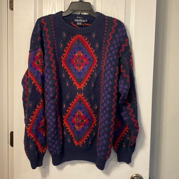 Nautica Vintage Handknit Men’s Sweater Size M 100% Cotton Geometric Red/Purple - Picture 1 of 3